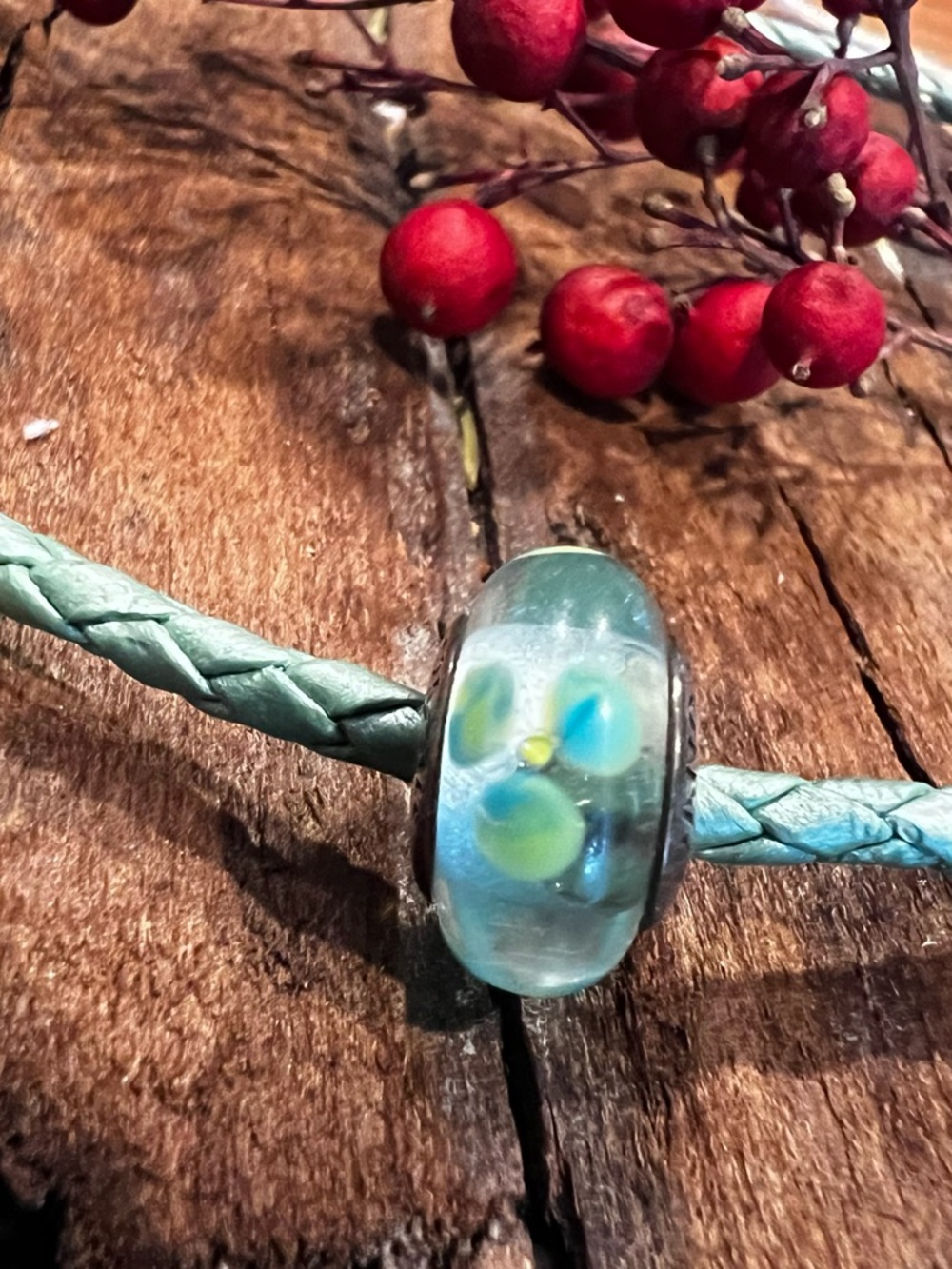 HTF Authentic Pandora Murano Flowers For You Clear Teal Charm Glass Bead Spring